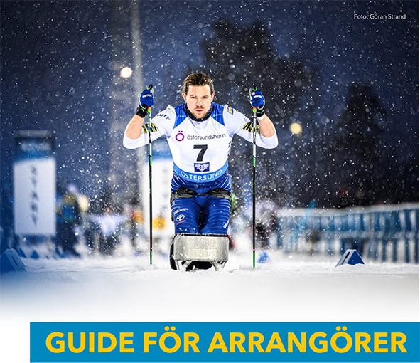 Bild på tävlande sit-skilängdåkare i full action. Det är mörkt ute, snön som faller gnistrar i lampornas sken.