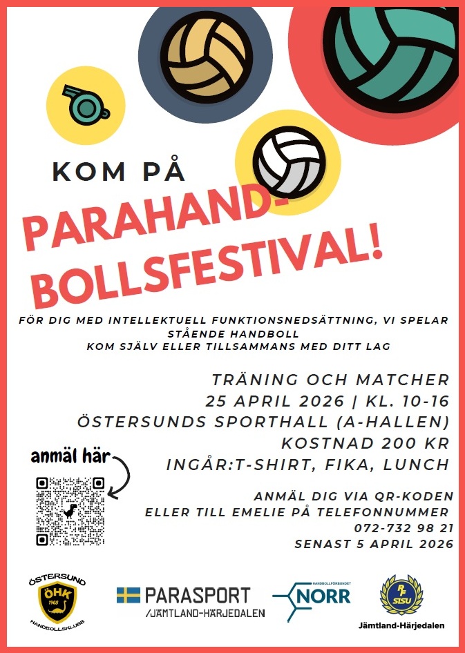 Inbjudan: Para Handbollsfestival 2026. Text samma som ovan. I överkant runda färgglada cirklar med handbollar i.