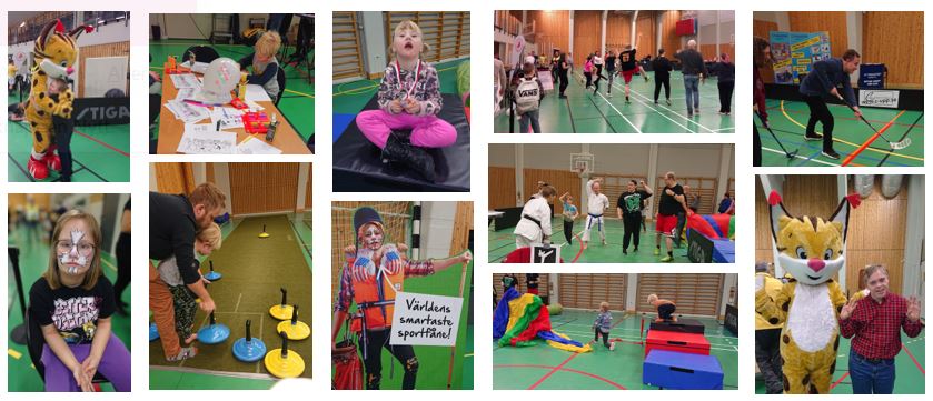Fotocollage med många bilder på glada och nyfikna besökare som provar på alla de olika idrotterna under familjedagen