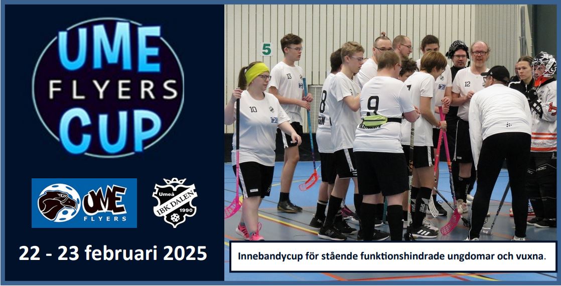 Foto av innebandylag som snackar ihop sig med tränaren före match. Ume flyers cup 22-23 februari 2025