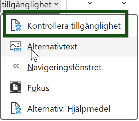 En pil som pekar på det markerade menyvalet "Kontrollera tillgänglighet". Skärmbild.