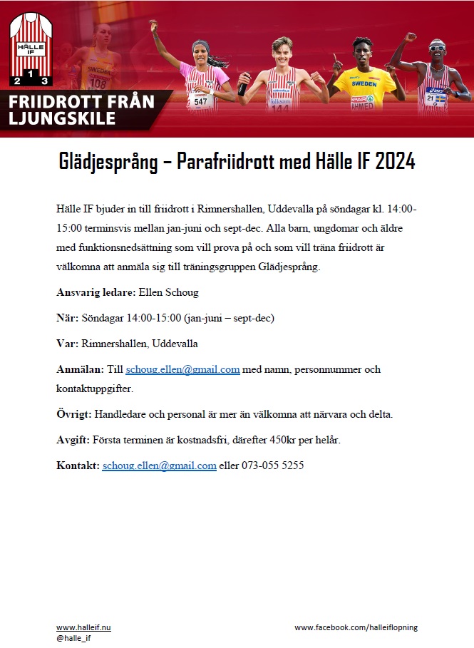 Inbjudan att träna parafriidrott med Hälle IF Glädjesprång hösten 2024 i Rimnershallen Uddevalla