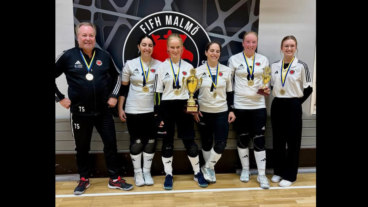 Gruppbild på spelarna i FIFH Malmö. De har sina guldmedaljer runt halsen.