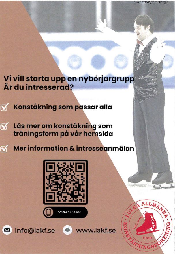 Elegant skridskoåkare i pose på isen. Affisch för träningen, samma info som i inlägget.