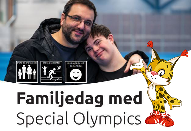 Bild på Speci-Lo och en ungdom med sin förälder samt texten Familjedag med special olympics