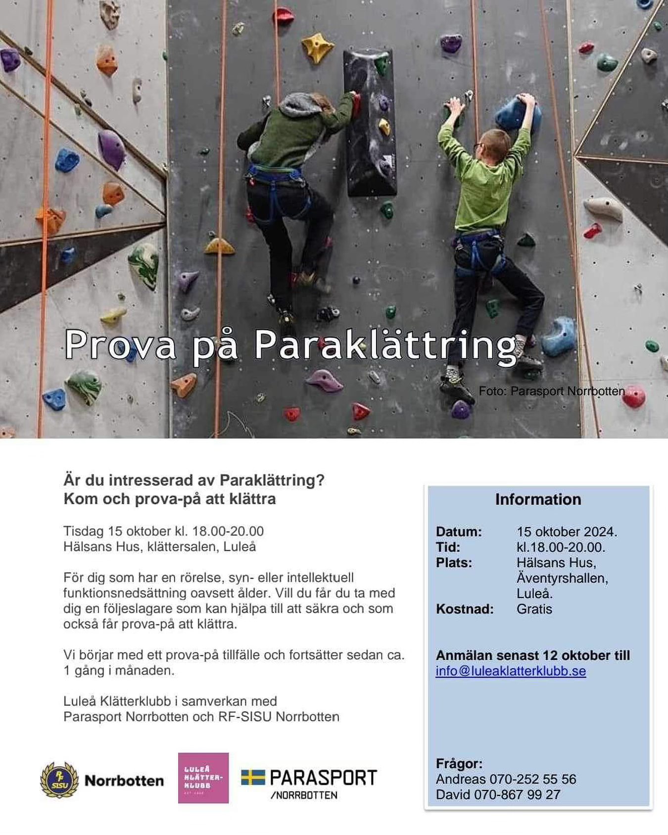Foto av klättrande i action uppför en klättervägg. Affisch med samma info som i inlägget.