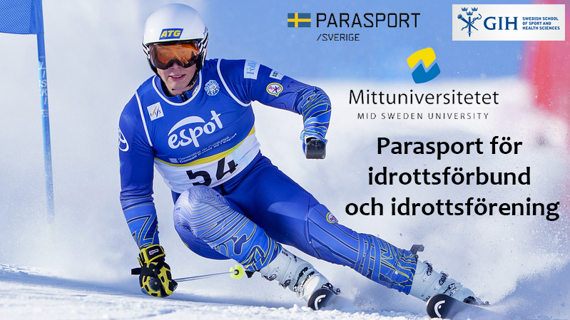 Alpin stående paraskidåkare med en arm, åker i tävlingspist, så snön yr bakom honom.