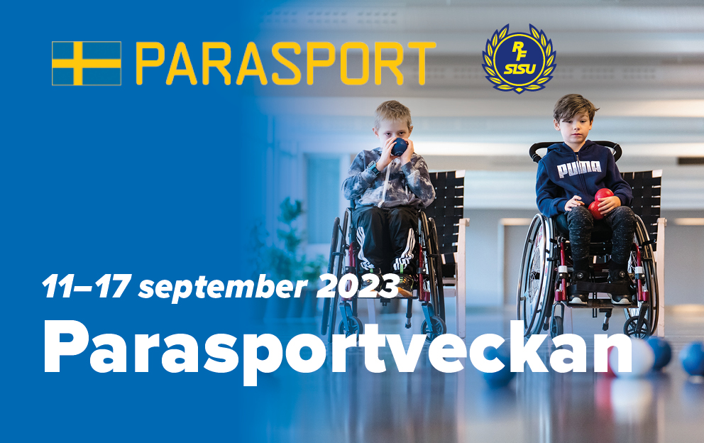 Parasportveckan text och 2 unga personer som sitter i rullstol och spelar boccia