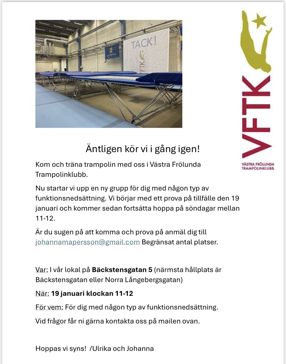 Inbjudan till träningsstart i paratrampolin med Västra Frölunda Trampolinklubb söndag 19 januari 2025 i Mölndal