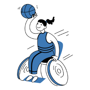 Kvinnlig rullstolsbasket-spelare i full fart. Illustration.