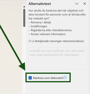 Kryssruta i Word för bilder som markerar en en bild som dekorativ. Rutan är markerad och utpekad. Skärmbild.