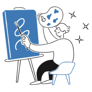 En person målar ett slingrigt streck på en tavla som står på ett staffli. Illustration.