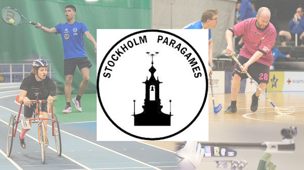 Bilder på utövare av fler idrotter. I mitten av bilden är Stockholm Paragames logga.