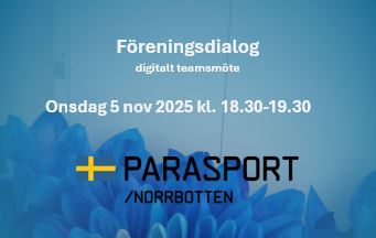 Inbjudan på ett foto med blå blommor och Parasport Norrbottens logga