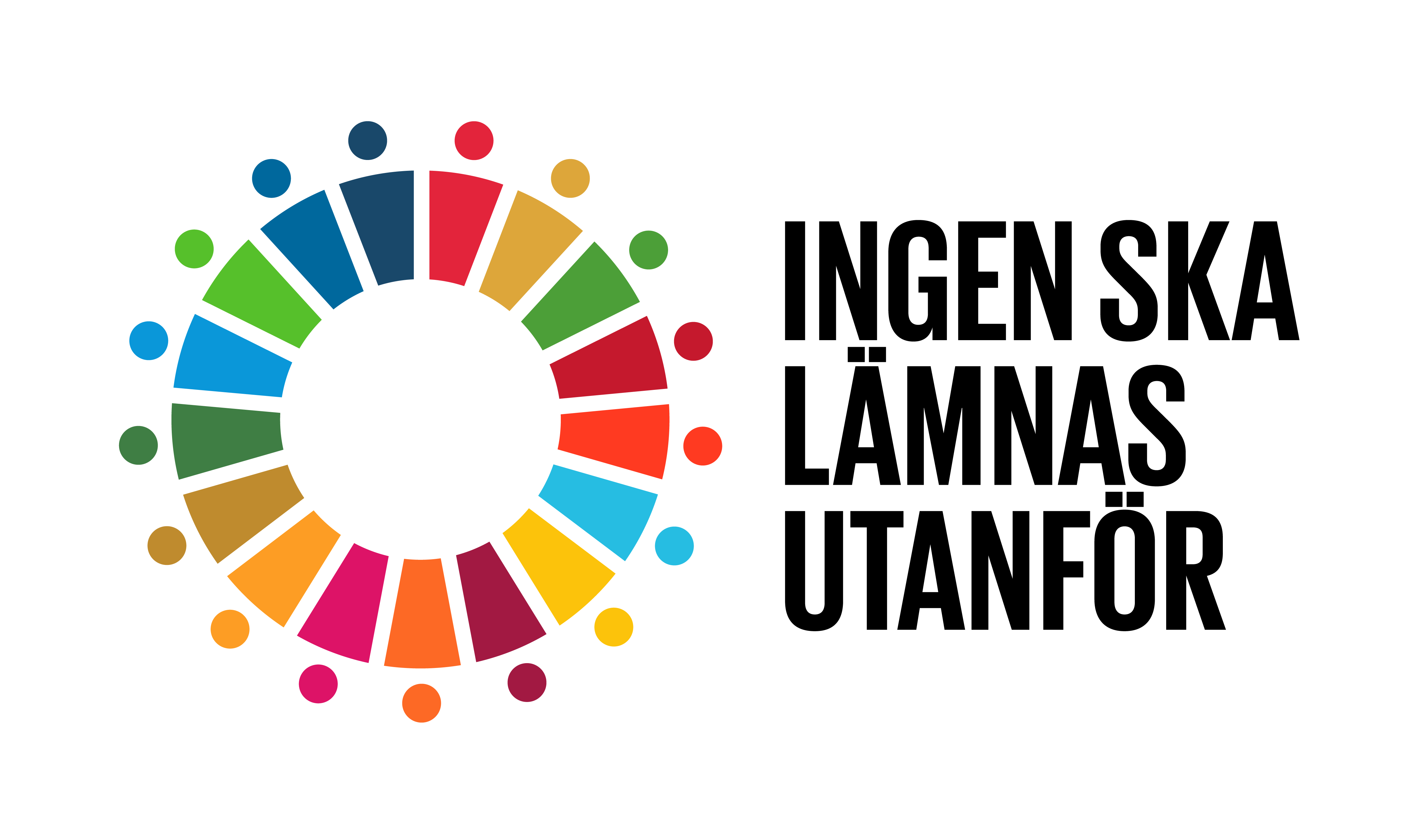 Logotyp med ledord för Globala Målen för hållbar utveckling - INGEN SKA LÄMNAS UTANFÖR