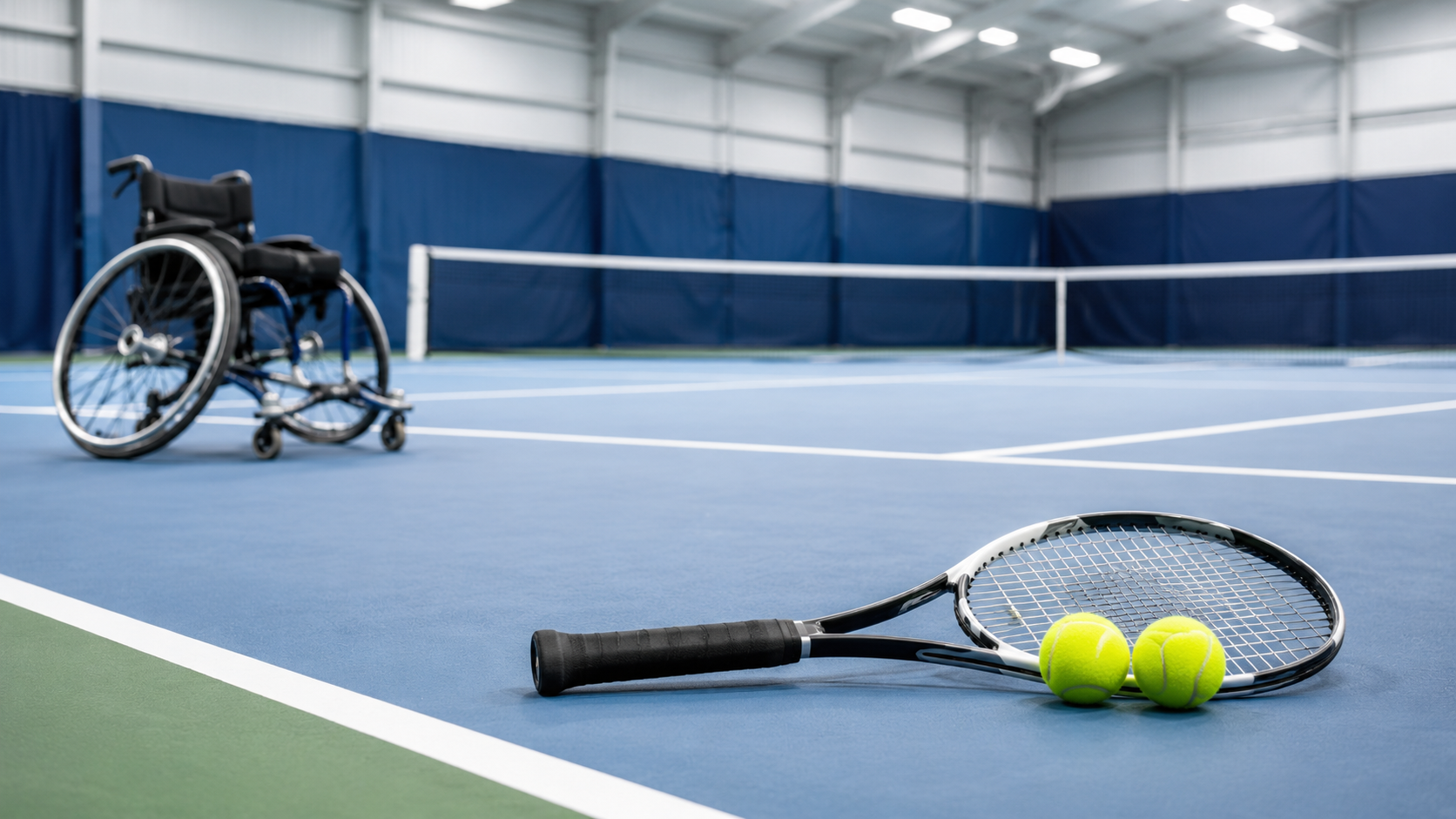 Foto på ett tennisracker och två bollar som ligger på en tennisplan. I bakgrunden syns en rullstol.