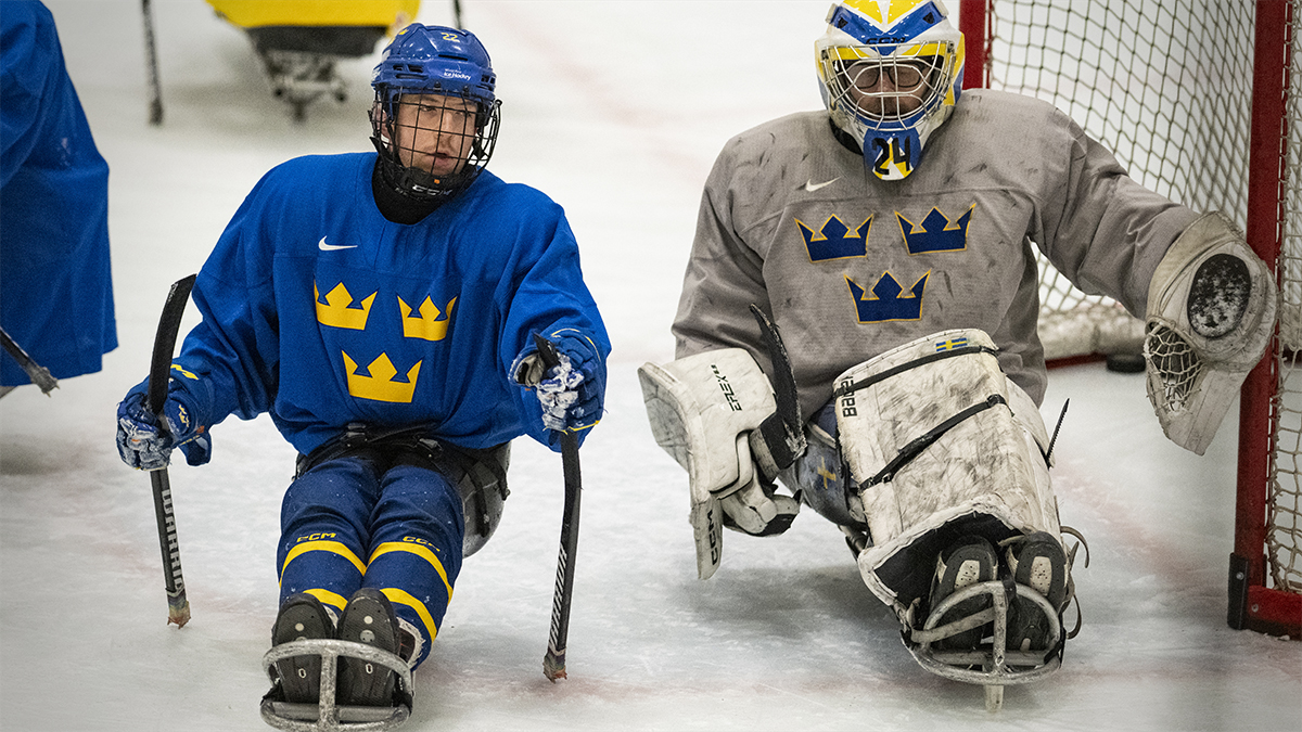 Två svenska spelare på isen. En utespelare och en målvakt.