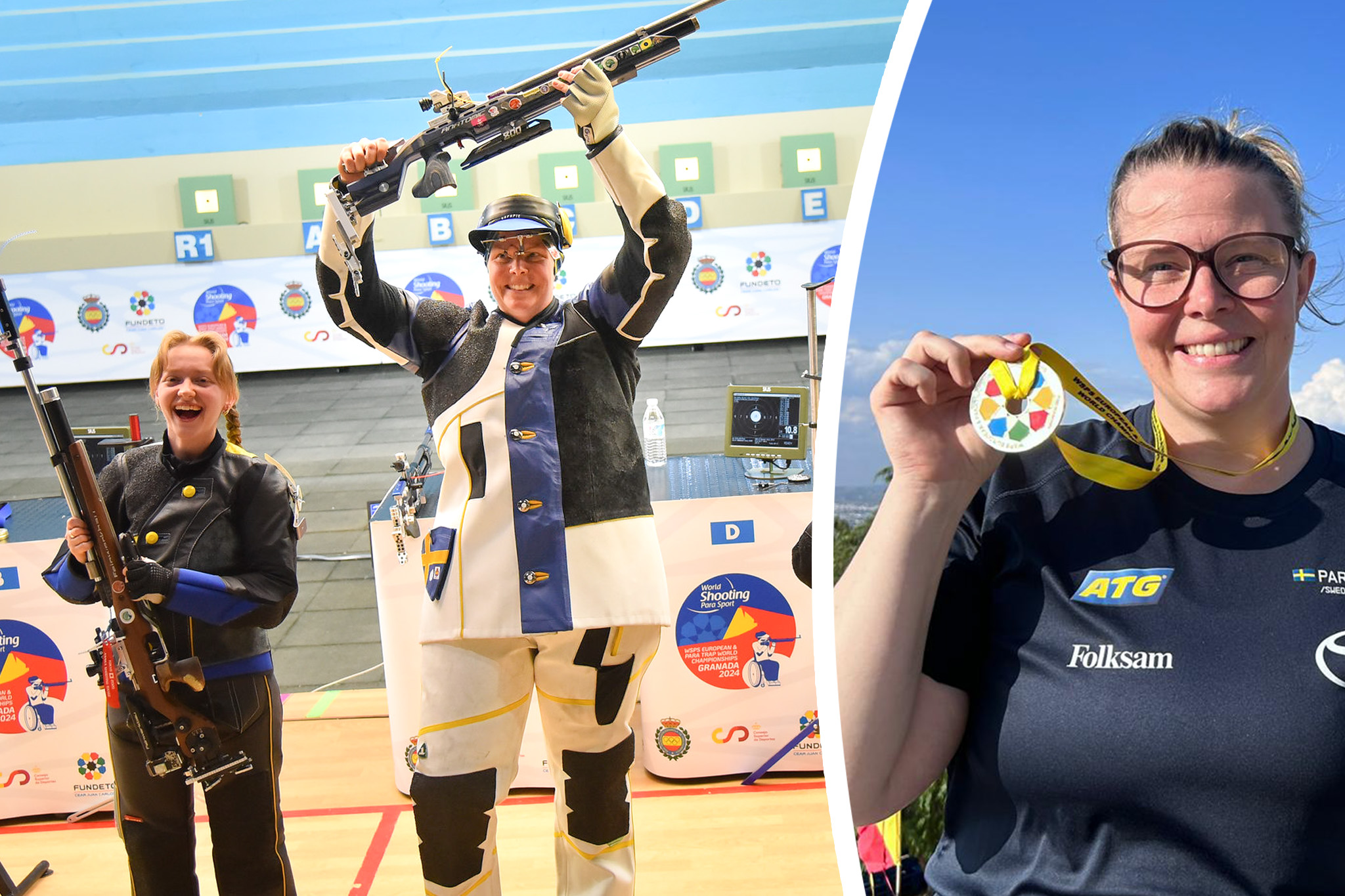 Anna Benson sträcker geväret i skyn efter att ha vunnit EM-guld. På bilden bredvid visar hon glatt upp guldmedaljen.