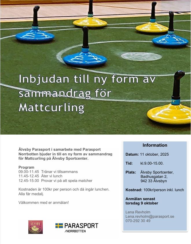 Foto på mattcurlingstenar och samma text som i inbjudan