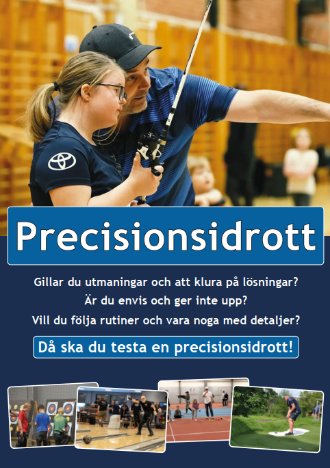 Precisionsidrott - broschyr första sidan med tjej som står i en idrottshall med ett fiskespö för att testa på castin. En kille står bredvid och ger instruktioner. Klicka på bilden för att komma till hela broschyren.
