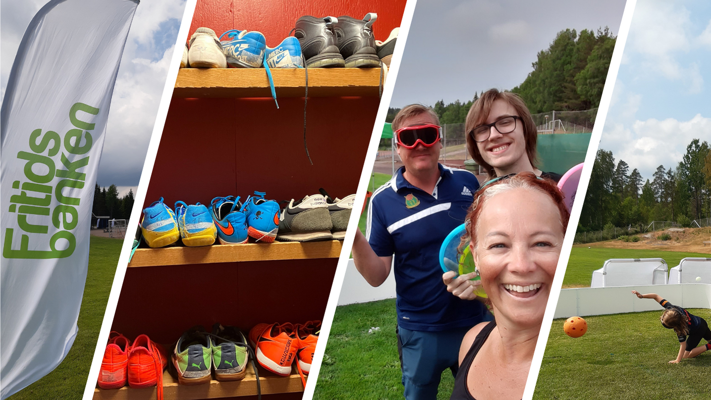 Kollage med fyra bilder. Från vänster, flagga med Fritidsbankens gröna logotyp. En hylla med inomhusskor för fotboll. Tre personer på en gräsmatta tar en selfie. Ungdomar utövar goalball på en gräsmatta, de har ögonbindel.