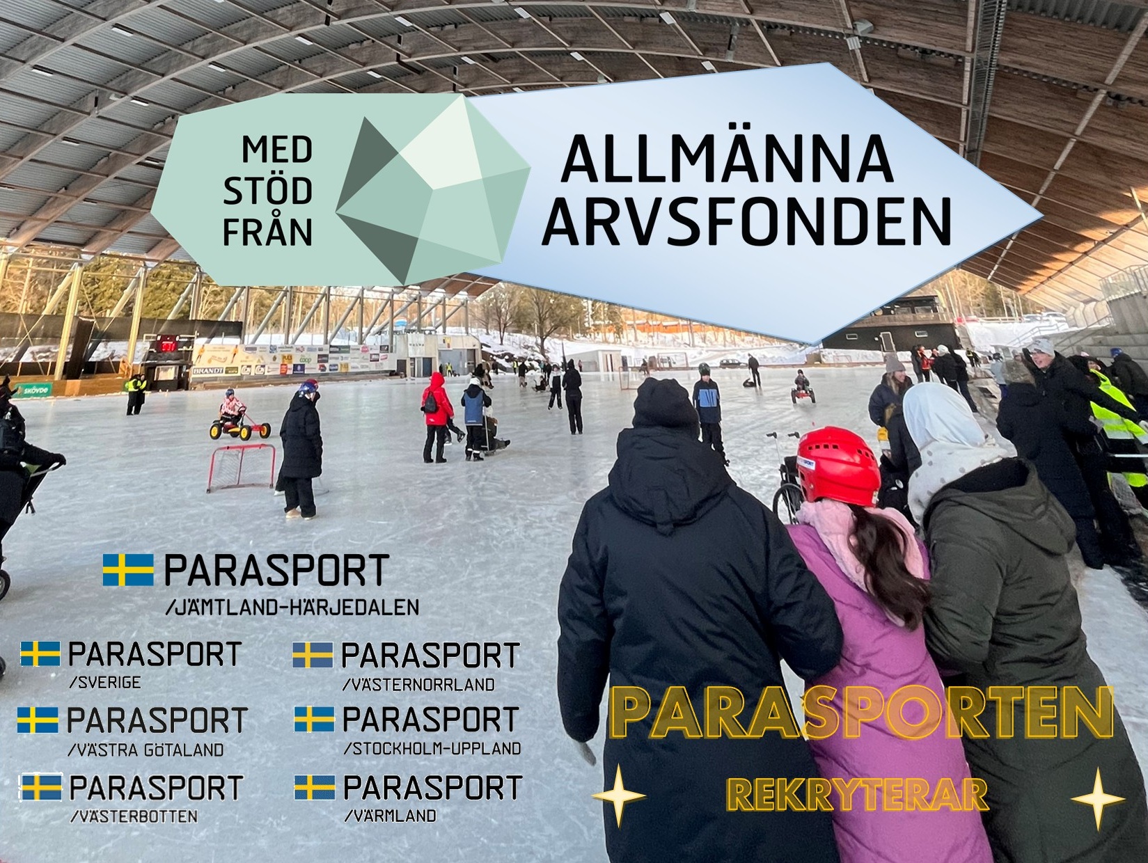 Kul på is_Flera personer som prova-på att vara på is. Både stående och sittande. Projekt logga: Med stöd från Allmänna Arvsfonden. Många parasportloggor från samtliga deltagande distrikt.