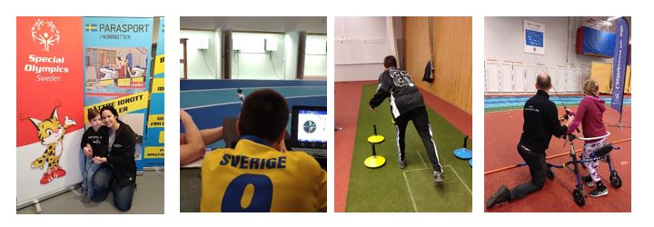 Foto på nöjd son och mamma, personer som provar på skytte, mattcurling och casting.