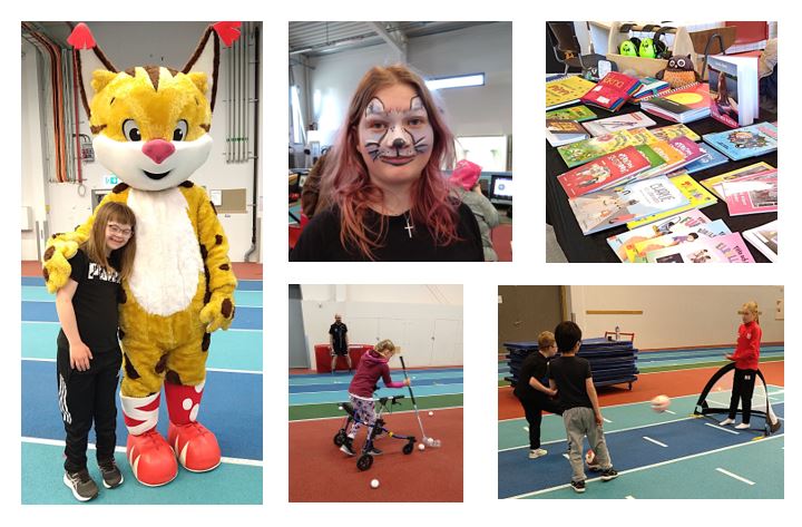 Foton från familjedagen. Flicka som kramas om av SpeciLo, tjej med ansiktsmålning, böcker från popup biblioteket, barn som provar på innebandy och gåfotboll