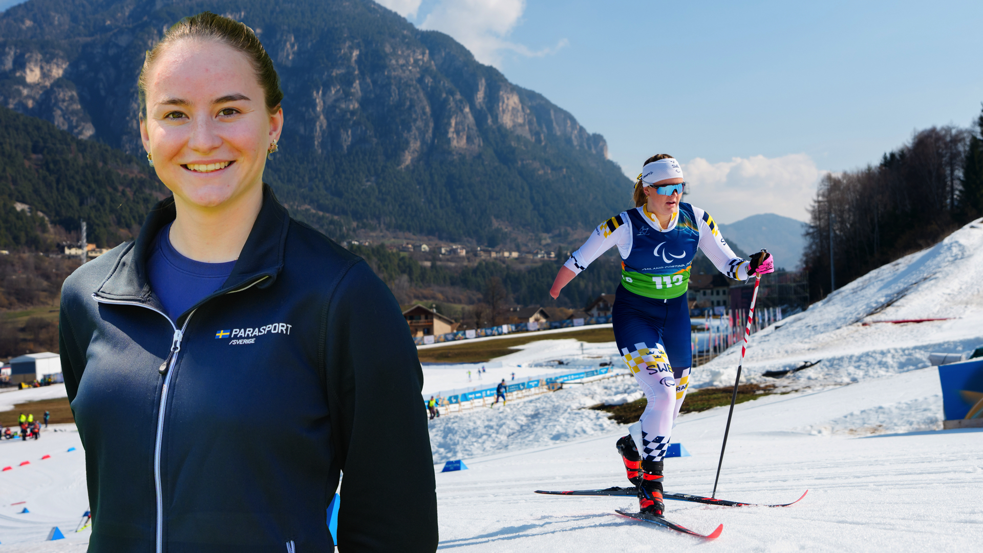 Porträttbild på Alice Pettersson, ny förbundskapten, som är inklippet framför en tävlingsbild från Paralympics 2026.  