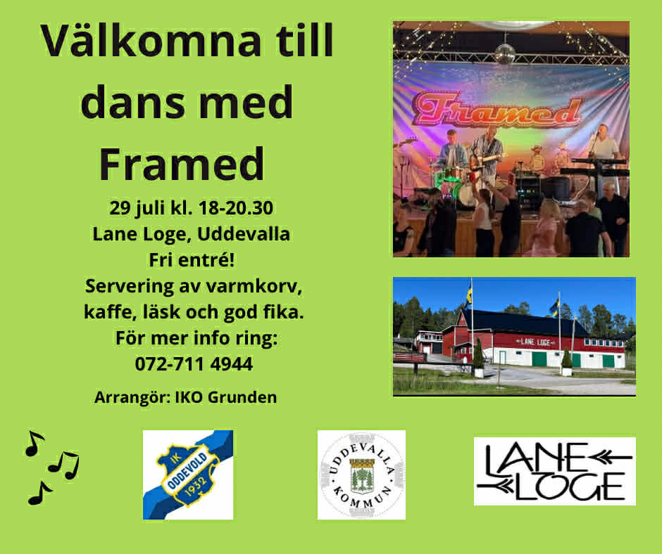 Inbjudan till paradans 29 juli 2026 med dansbandet Framed på Lane Loge i Uddevalla