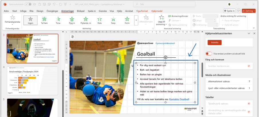 Visar flikarna och verktysfältet i PowerPoint, Den sjunde fliken “Animeringar” är aktiv. Punktlistan i textrutan är markerad och pekas ut med en pil.