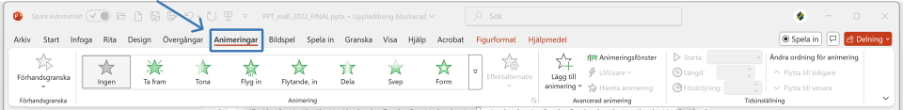 Visar flikarna och verktysfältet i PowerPoint, Den sjunde fliken “Animeringar” är inringad. 