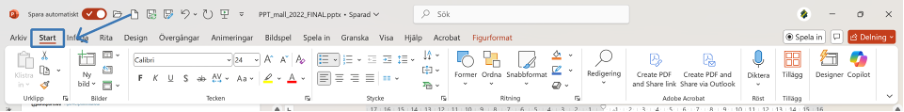 Visar flikarna och verktysfältet i PowerPoint, Fliken “Start” är inringad.