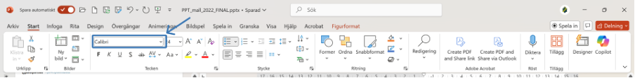 Visar flikarna och verktysfältet i PowerPoint, Den andra fliken “Start” är aktiv och rullgardinsmenyn där man väljer typsmnitt är inringad (Calibri är valt).