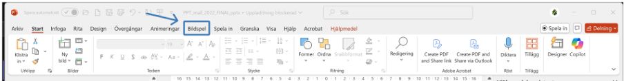 Visar flikarna och verktysfältet i PowerPoint, Den andra fliken “Start” är aktiv. Fliken ”Bildspel” är inringad.