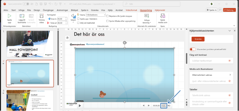 En video med undertexter, under viden finns video kontroller och en CC-knapp.