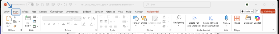 Visar flikarna och verktysfältet i PowerPoint, Fliken “Start” är inringad.