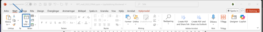 Visar flikarna och verktysfältet i PowerPoint, Fliken “Start” är aktiv. Knappen “ny bild” är inringad