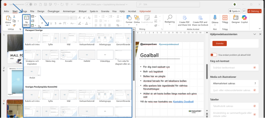 Visar flikarna och verktysfältet i PowerPoint, Fliken “Start” är aktiv. Knappen “ny bild” är markerad och en meny med flera olika layoter visas.