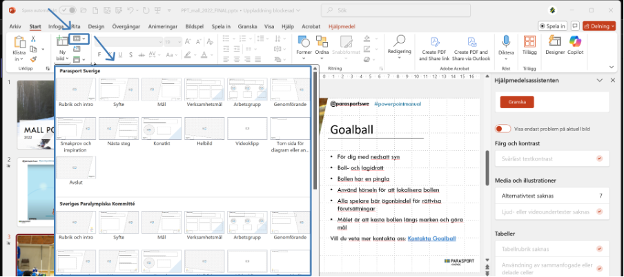 Visar flikarna och verktysfältet i PowerPoint, Fliken “Start” är aktiv. Knappen “Layout” är markerad och en meny med flera olika layoter visas.