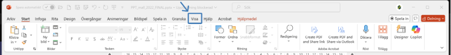 Visar flikarna och verktysfältet i PowerPoint, Fliken “Visa” är inringad.