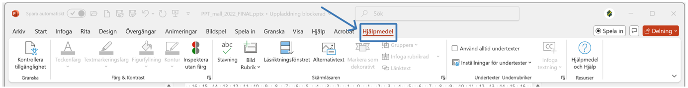Visar flikarna och verktysfältet i PowerPoint, Hjälpmedels fliken är aktiv. 