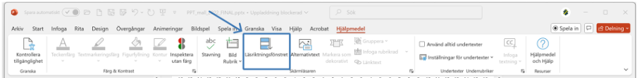 Visar flikarna och verktysfältet i PowerPoint, Hjälpmedels fliken är aktiv. Knapppen Läsriktningsfönstret är inringad.