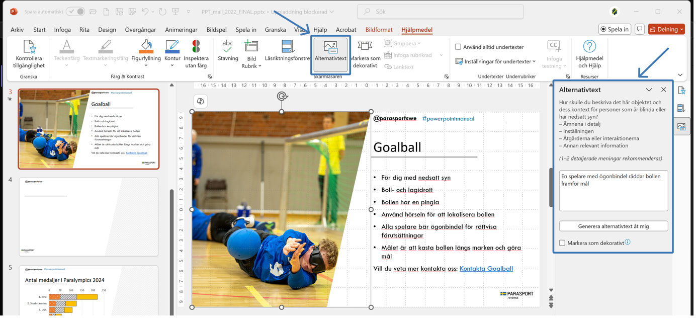 Knapppen alternativtext är aktiv, till höger om bilden syns fönstret alternativtext.