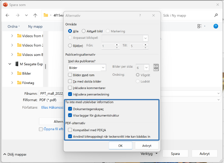 I modalfönstret “alternativ” är kryssrutorna under ”Ta inte med utskrivbar information” och ”PDF-alternativ” inringade.