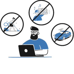 En person som sitter vid en dator. Överstrukna bilder på en person som dammsuger, en person som bär en bandspelare och en bil som kör. Illustration.