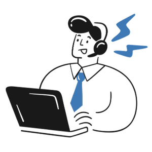 En person som sitter vid en dator med ett headset med mikrofon. Illustration.
