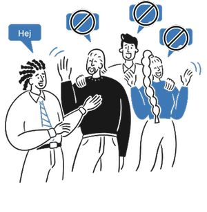 En grupp människor med pratbubblor. En person säger ”Hej”, de andra har tomma och överstrukna pratbubblor. Illustration.