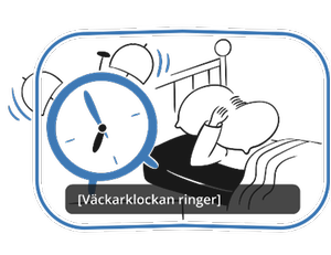 En person ligger i sängen med en kudde över huvudet och en stor väckarklocka som ringer i förgrunden. Illustration.