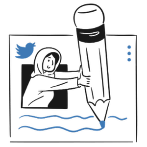 Ett Twitter (X)-inlägg där en figur skriver ett kort inlägg med en överdimensionerad penna. Illustration.